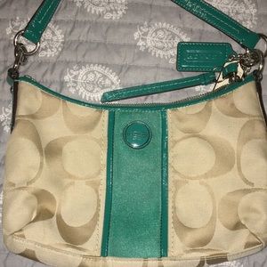 F23544 coach shoulder bag khaki teal frame.